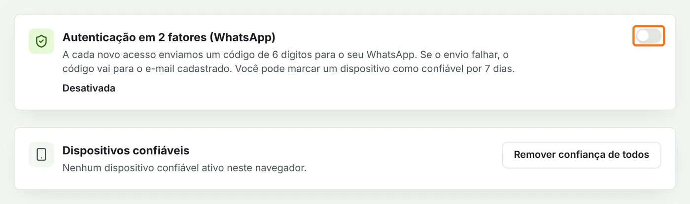 Quadro Autenticação em 2 fatores com o botão de ligar destacado