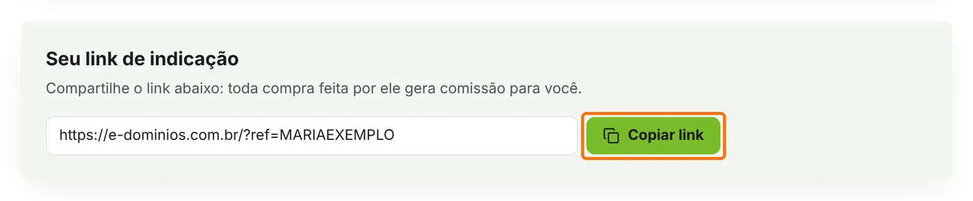 Quadro Seu link de indicação com o botão Copiar link destacado