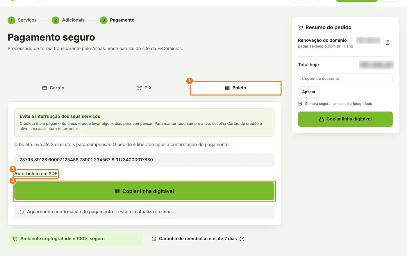 Tela de pagamento com a aba Boleto, o botão Copiar linha digitável e o link do PDF destacados