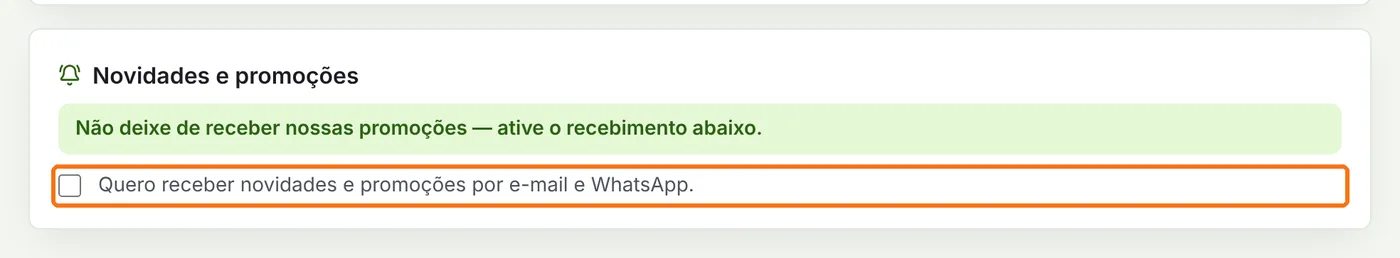 Opção de receber novidades e promoções destacada