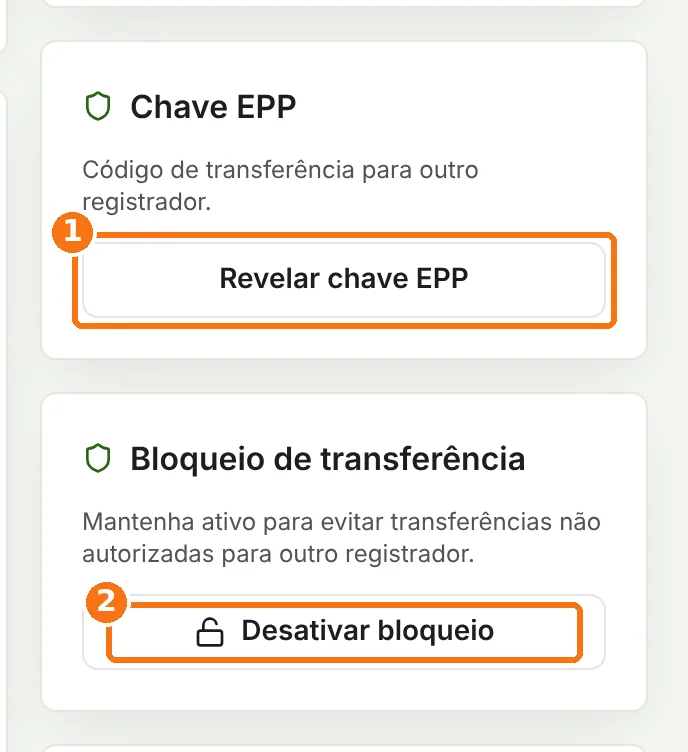Quadros Chave EPP e Bloqueio de transferência com os botões Revelar chave EPP e Desativar bloqueio destacados