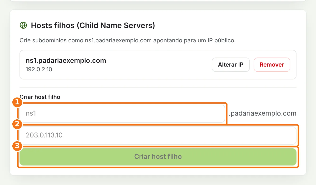 Quadro Hosts filhos com os campos de nome e IP e o botão Criar host filho destacados
