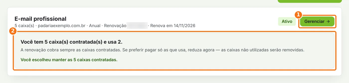 Cartão do plano de e-mail com o botão Gerenciar e o aviso de caixas contratadas destacados