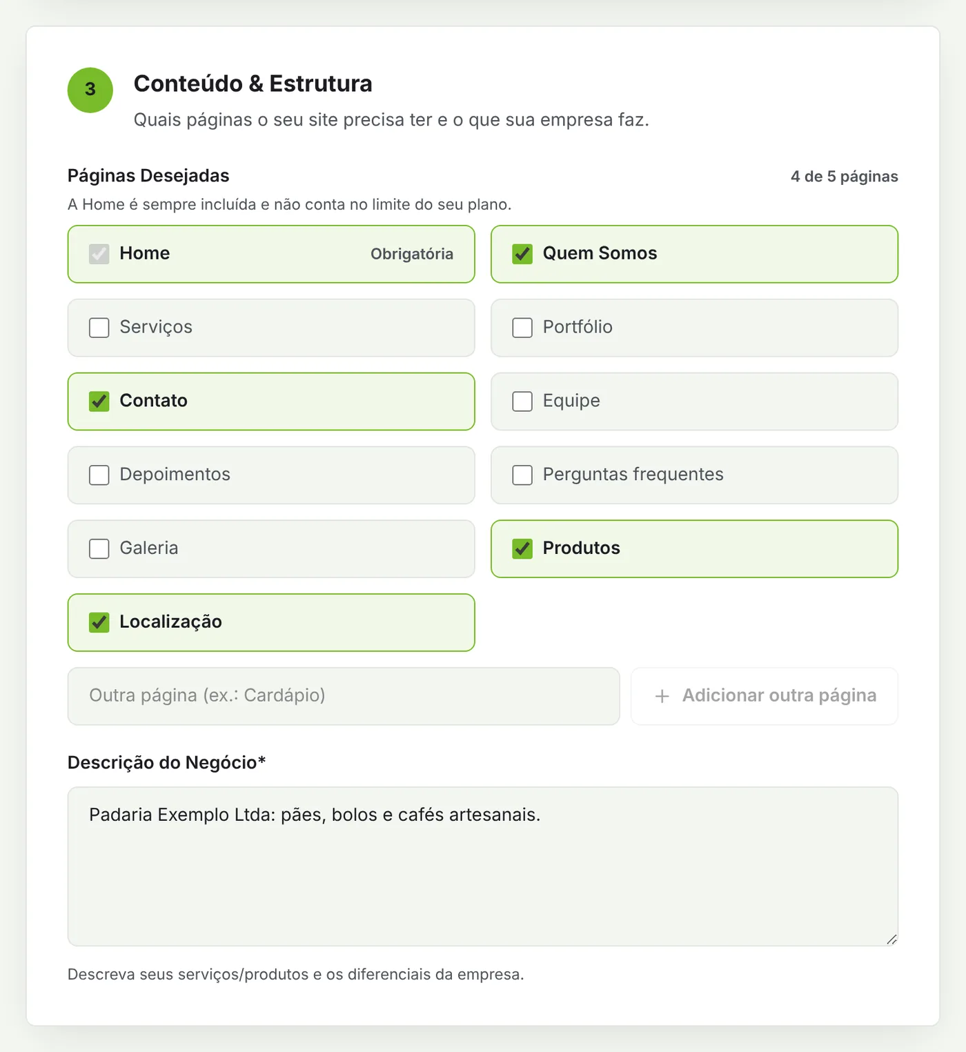 Etapa Conteúdo e Estrutura do briefing com as páginas e a descrição do negócio