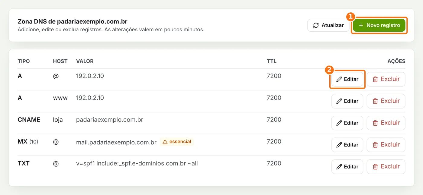 Tabela da zona DNS com os botões Novo registro e Editar destacados