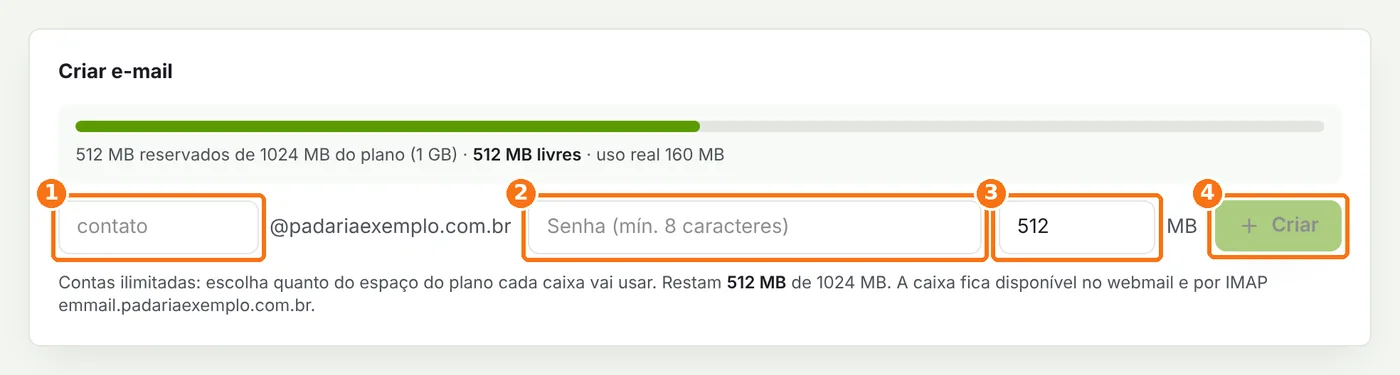 Formulário Criar e-mail com nome, senha, espaço e o botão Criar destacados