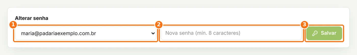 Formulário Alterar senha com a caixa, a nova senha e o botão Salvar destacados