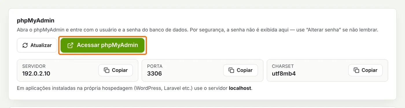Quadro phpMyAdmin com o botão Acessar phpMyAdmin destacado