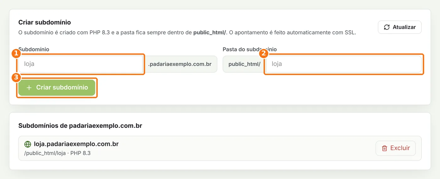 Formulário Criar subdomínio com nome, pasta e o botão Criar subdomínio destacados