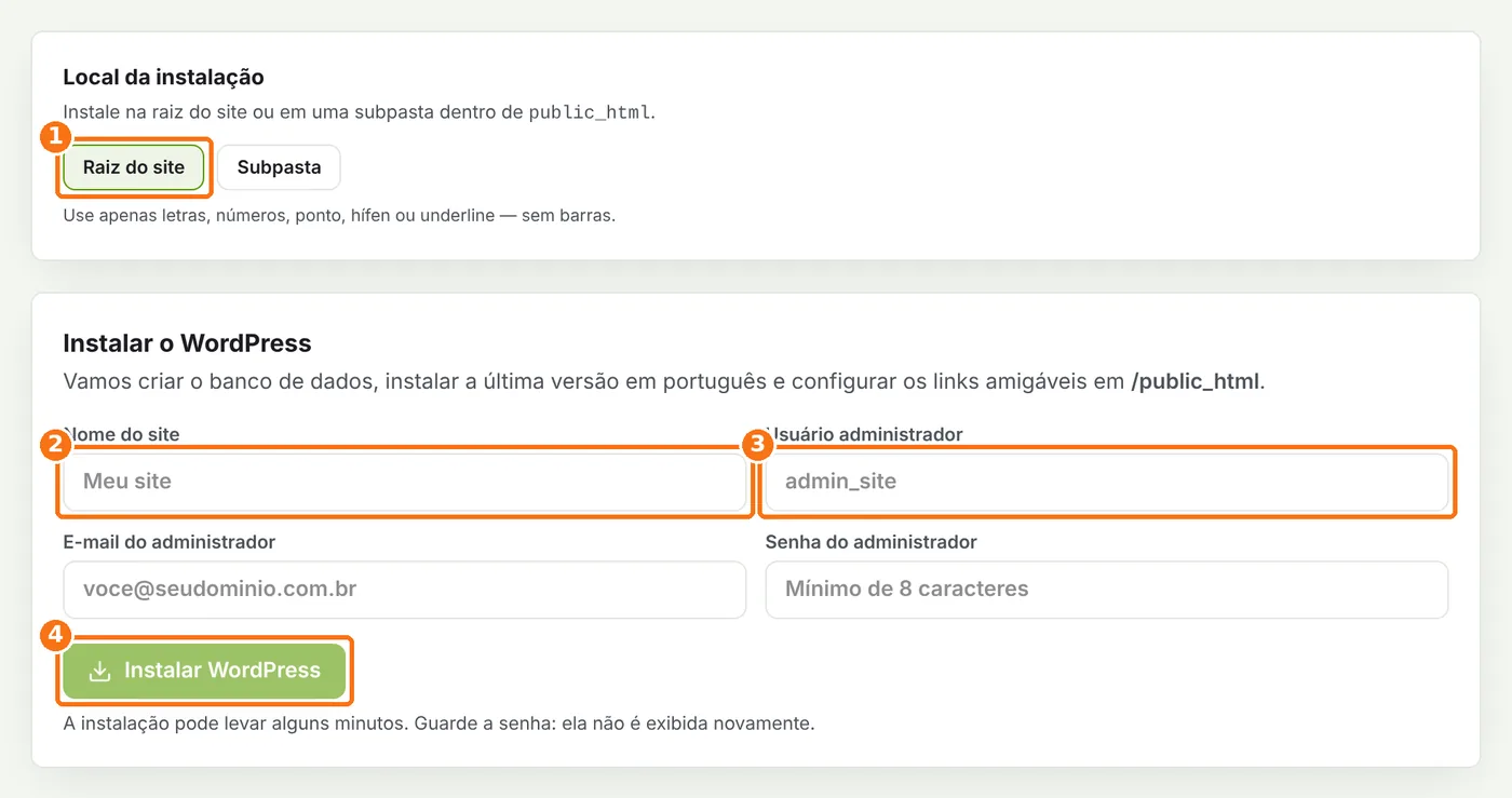 Formulário de instalação do WordPress com o local, nome do site, usuário e o botão Instalar destacados