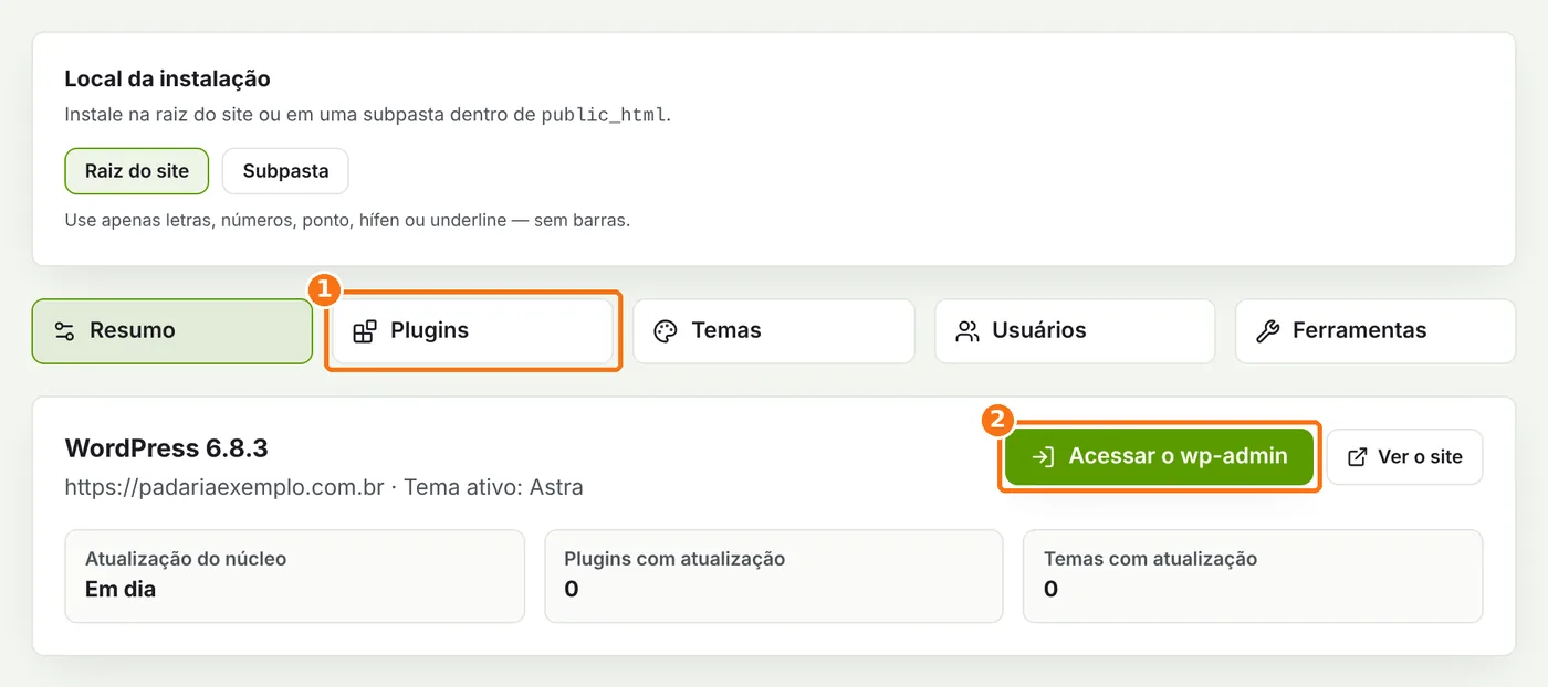 Resumo do WordPress com as abas e o botão Acessar o wp-admin destacados
