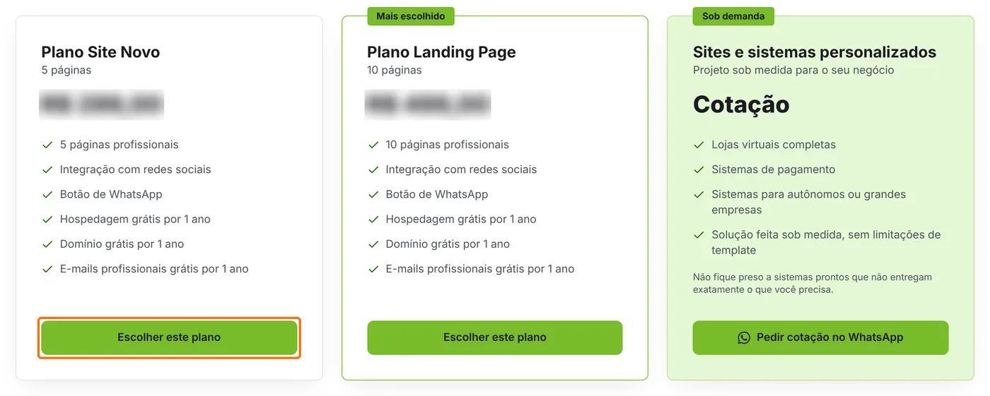 Planos do Site Pronto com o botão Escolher este plano destacado